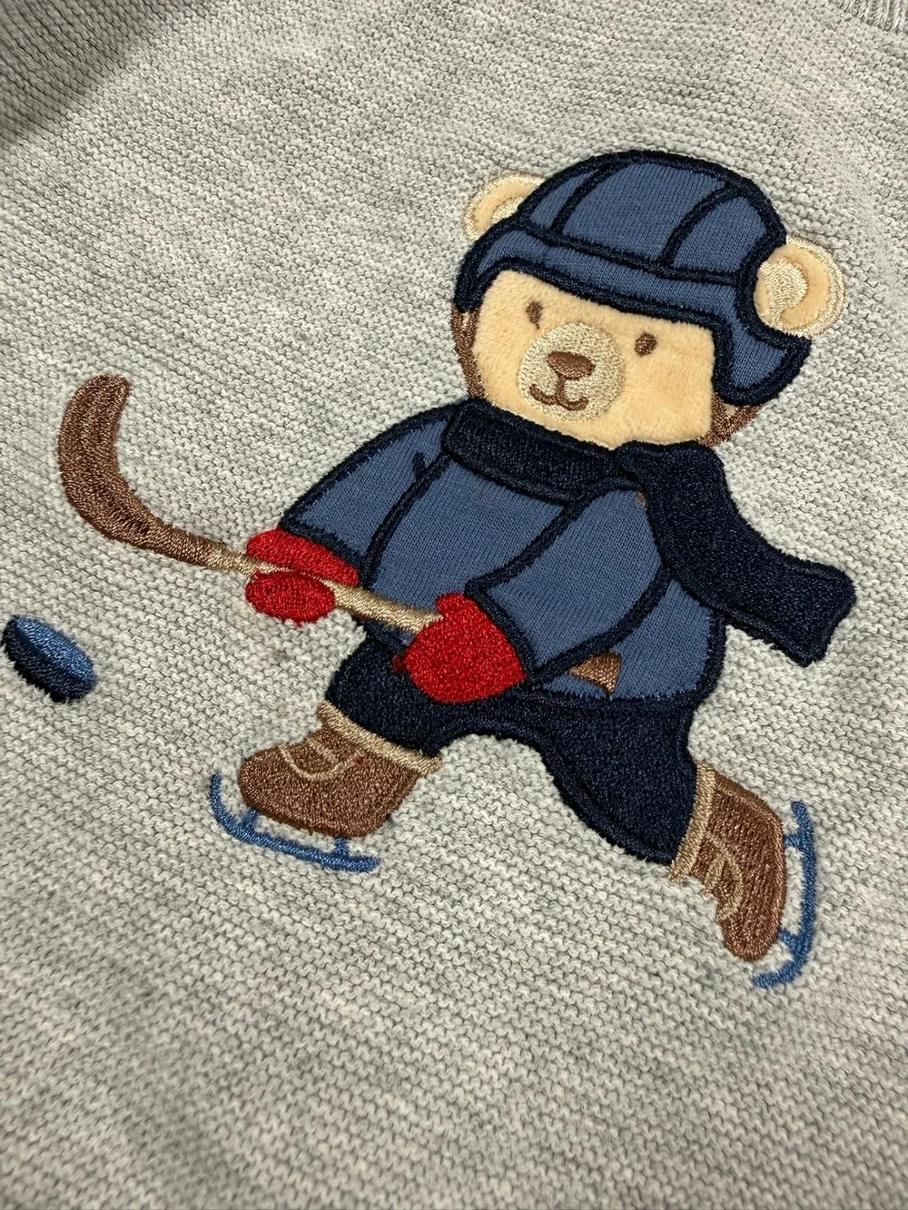 LITTLE ME Hockey Bear Knit Sweater 6M Gray Cotton Baby Pullover Winter Bear